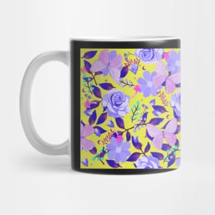 Purple Flora and Fauna Butterflies and Flowers on Chartreuse Yellow Mug